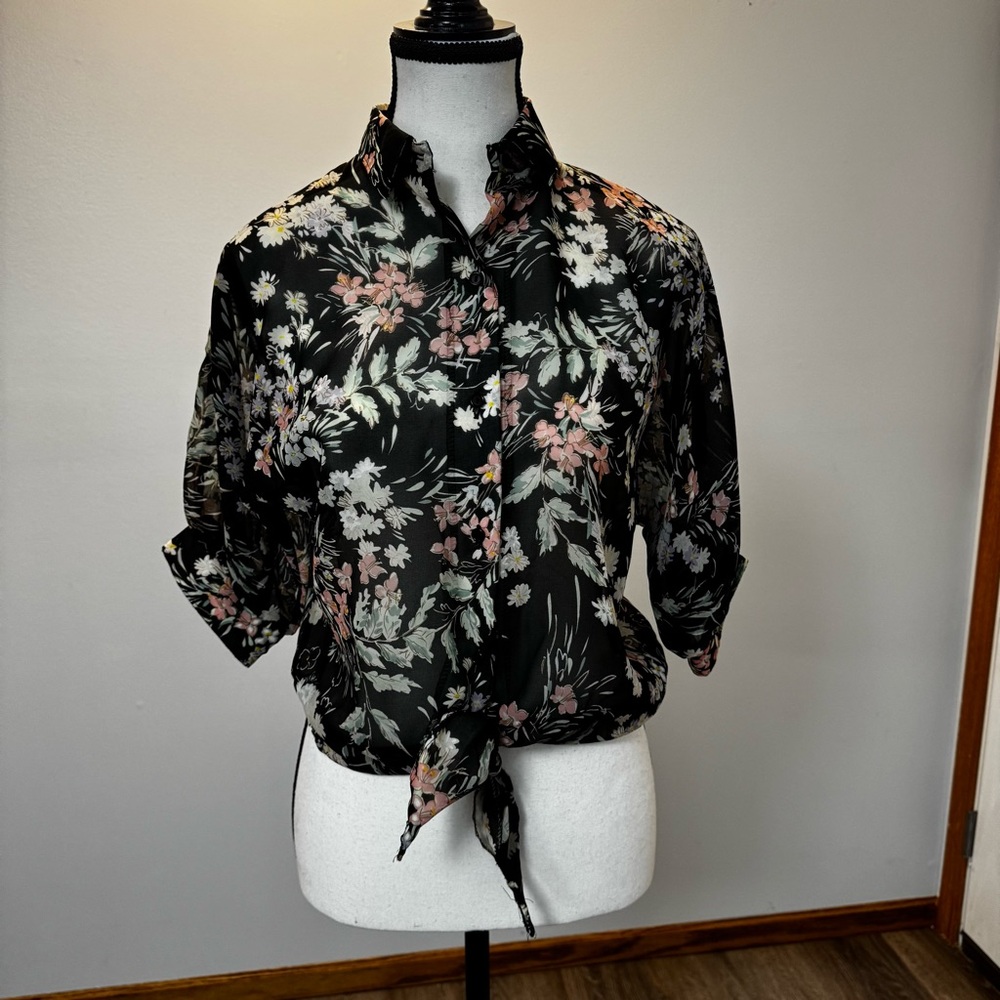 70s Vintage Langtry Sheer Floral Button Down Crop Top Cottagecore Whimsy